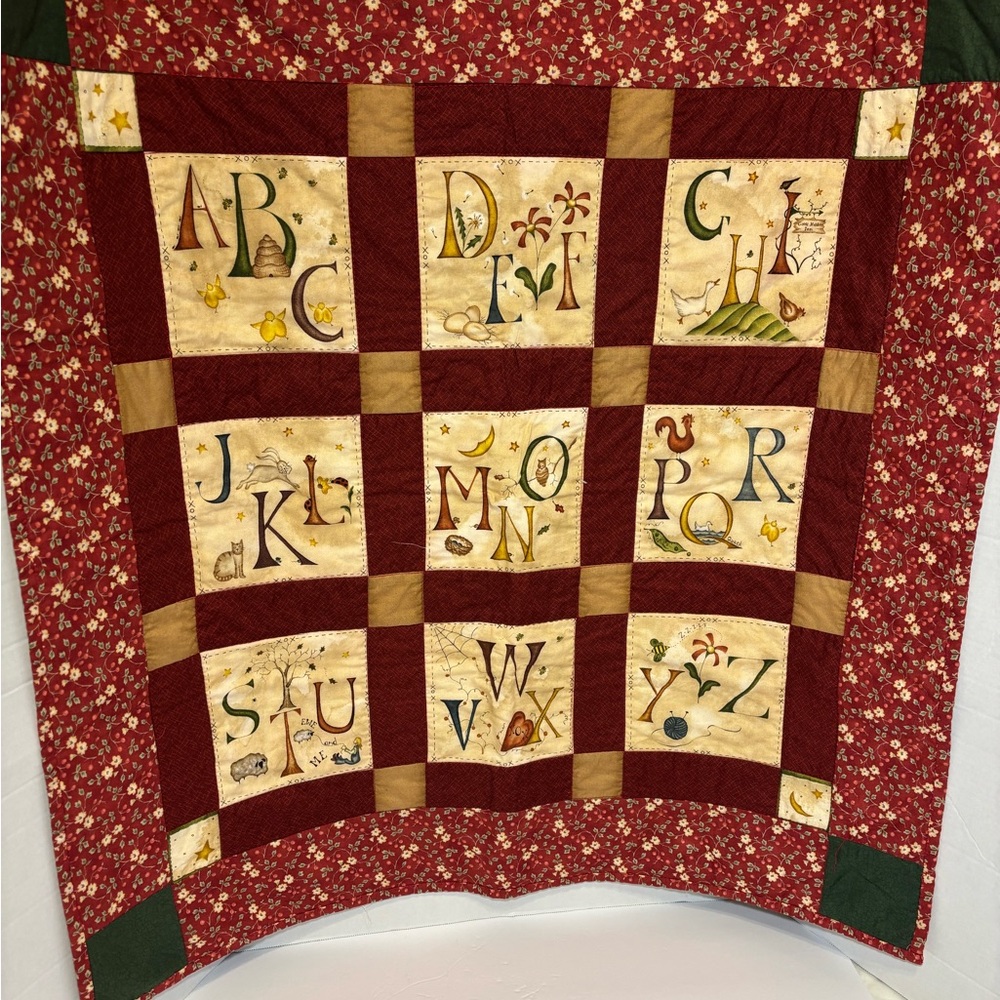 Alphabet Patchwork Quilt Handmade Stitched Floral Back Moody Cozy 34” X 33.5”